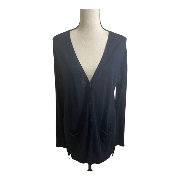 Joan Vass women’s new button front cardigan navy blue size Large. Neck style - Picture 3 of 12
